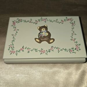 Vintage Children’s Jewelry Box White Floral Teddy Bear Trinket Box w/ Mirror